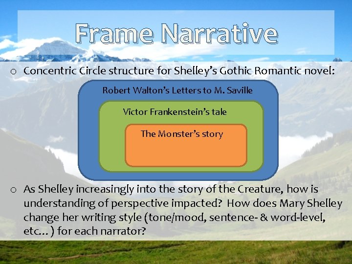 Frame Narrative o Concentric Circle structure for Shelley’s Gothic Romantic novel: Robert Walton’s Letters