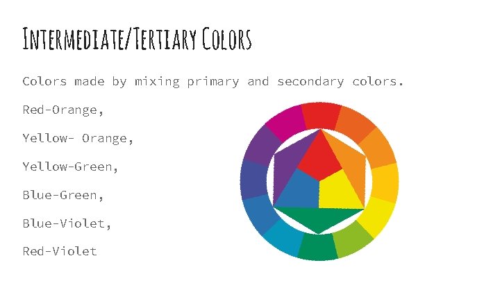 Intermediate/Tertiary Colors made by mixing primary and secondary colors. Red-Orange, Yellow-Green, Blue-Violet, Red-Violet 