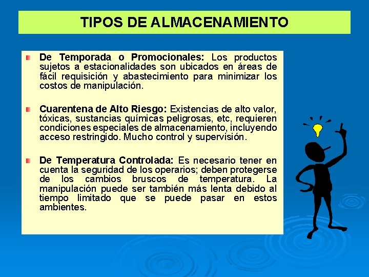 TIPOS DE ALMACENAMIENTO De Temporada o Promocionales: Los productos sujetos a estacionalidades son ubicados