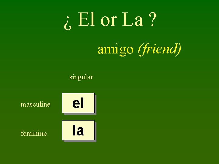 ¿ El or La ? amigo (friend) singular masculine el feminine la 
