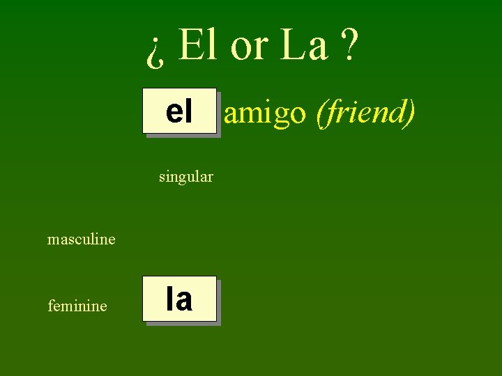 ¿ El or La ? el amigo (friend) singular masculine feminine la 