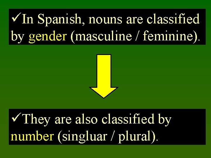 üIn Spanish, nouns are classified by gender (masculine / feminine). üThey are also classified