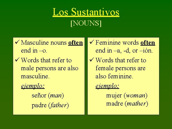 Los Sustantivos [NOUNS] ü Masculine nouns often ü Feminine words often end in –o.