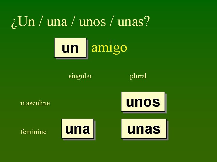 ¿Un / una / unos / unas? un amigo singular unos masculine feminine plural