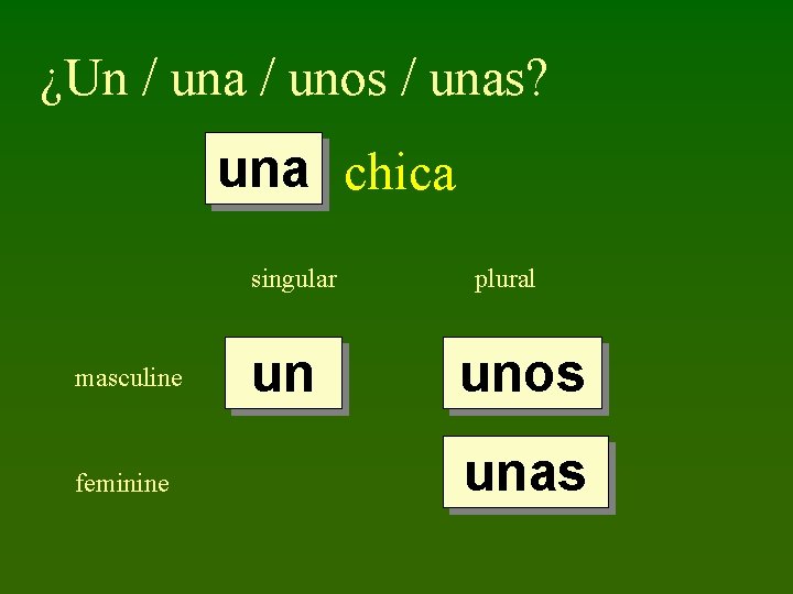 ¿Un / una / unos / unas? una chica singular masculine feminine un plural