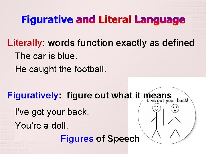 Figurative and Literal Language Literally: words function exactly as defined The car is blue. Figurative and Literal Language Literally: words function exactly as defined The car is blue.