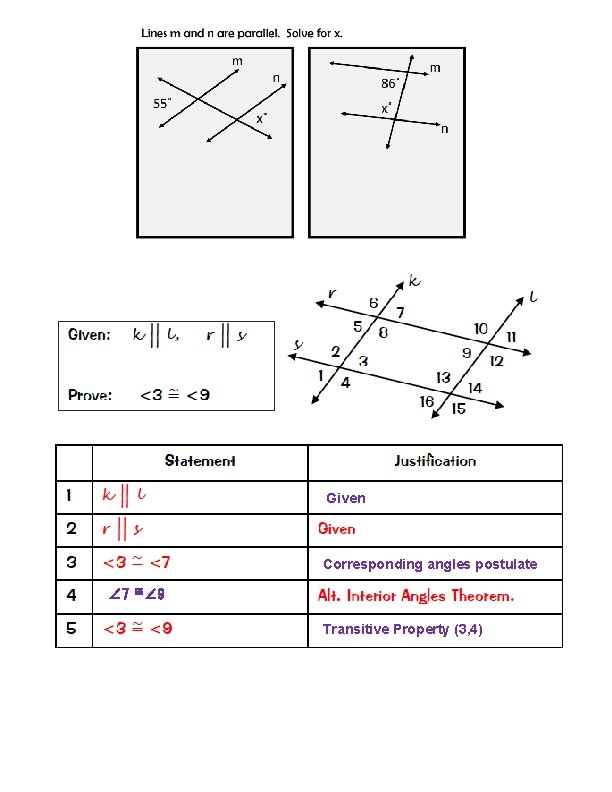 Given Corresponding angles postulate ∠ 7 ≌∠ 9 Transitive Property (3, 4) 