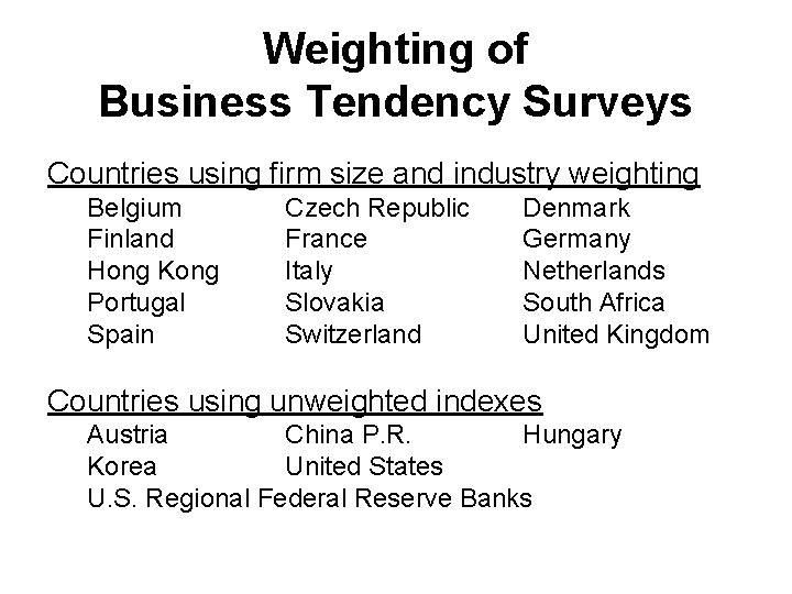 Weighting of Business Tendency Surveys Countries using firm size and industry weighting Belgium Finland