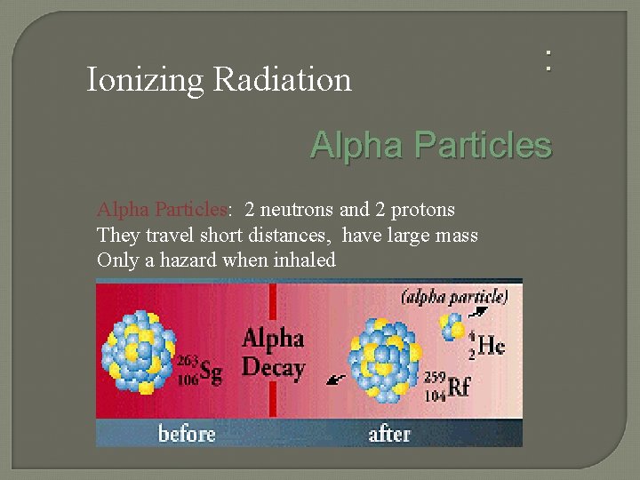 Ionizing Radiation : Alpha Particles: 2 neutrons and 2 protons They travel short distances,