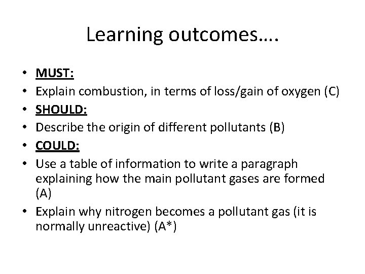 Learning outcomes…. MUST: Explain combustion, in terms of loss/gain of oxygen (C) SHOULD: Describe