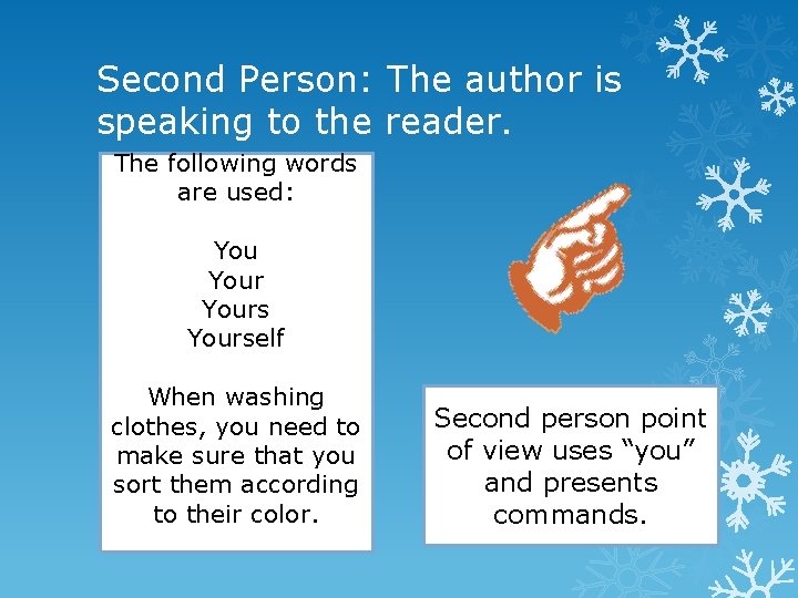 Second Person: The author is speaking to the reader. The following words are used:
