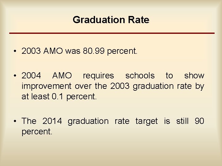 Graduation Rate • 2003 AMO was 80. 99 percent. • 2004 AMO requires schools