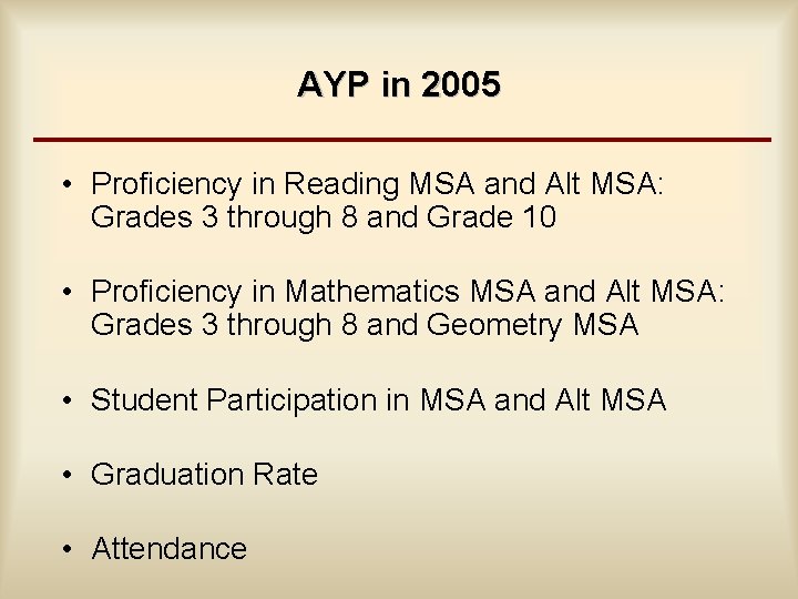 AYP in 2005 • Proficiency in Reading MSA and Alt MSA: Grades 3 through