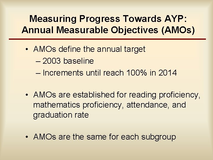 Measuring Progress Towards AYP: Annual Measurable Objectives (AMOs) • AMOs define the annual target