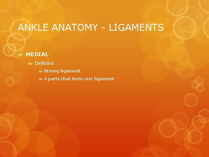ANKLE ANATOMY - LIGAMENTS MEDIAL Deltoid Strong ligament 4 parts that form one ligament