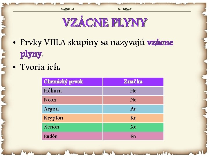 VZÁCNE PLYNY • Prvky VIII. A skupiny sa nazývajú vzácne plyny. • Tvoria ich: