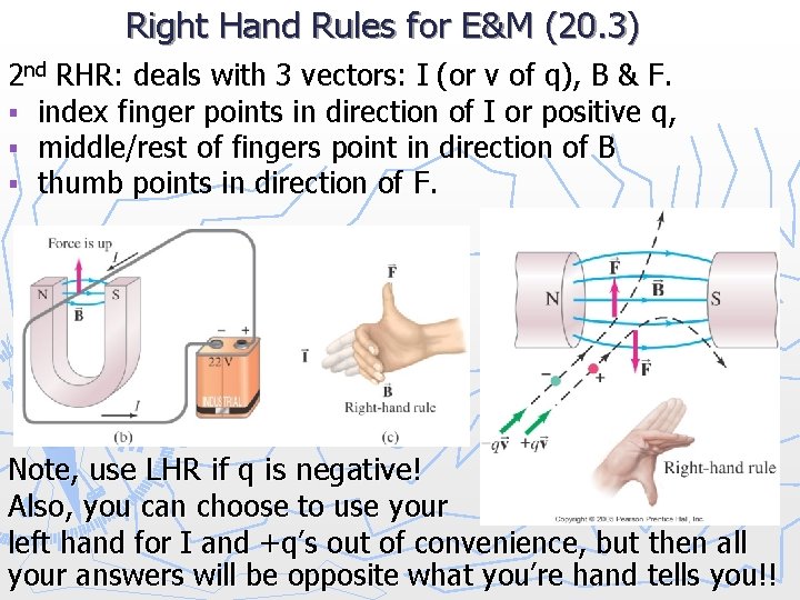 Right Hand Rules for E&M (20. 3) 2 nd RHR: deals with 3 vectors: