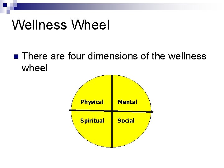 Wellness Wheel n There are four dimensions of the wellness wheel Physical Mental Spiritual