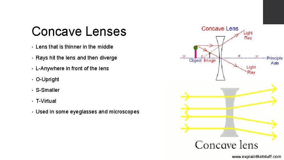 Concave Lenses • Lens that is thinner in the middle • Rays hit the