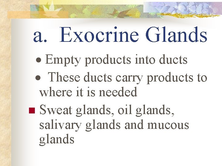 a. Exocrine Glands · Empty products into ducts · These ducts carry products to