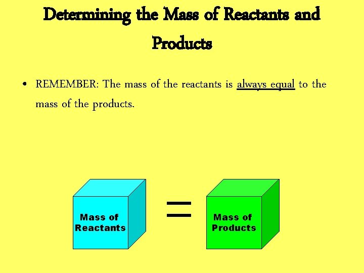 Determining the Mass of Reactants and Products • REMEMBER: The mass of the reactants
