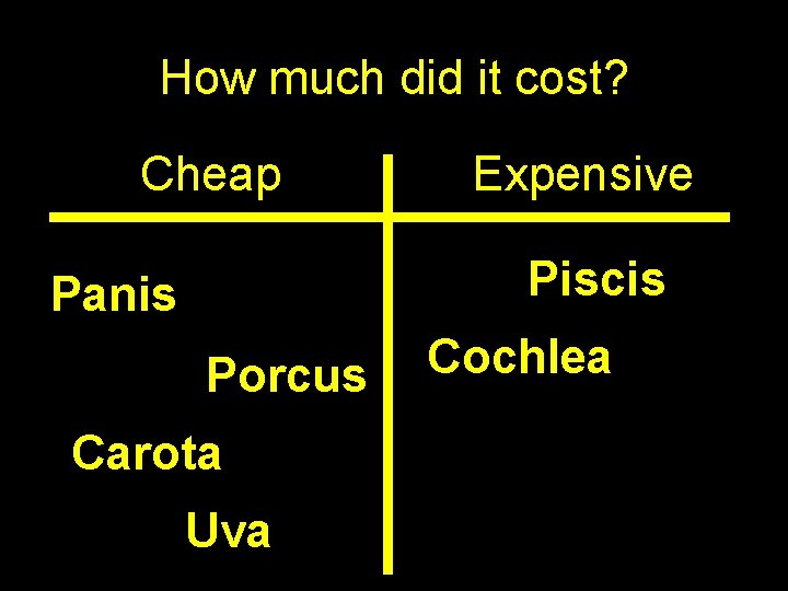 How much did it cost? Cheap Expensive Piscis Panis Porcus Carota Uva Cochlea 