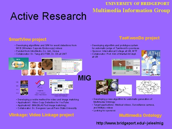 UNIVERSITY OF BRIDGEPORT Multimedia Information Group Active Research Tae. Kwon. Do project Smart. View