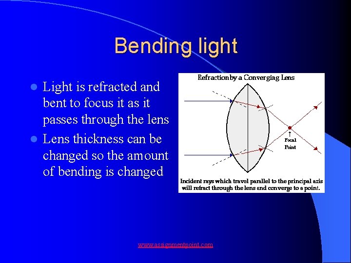 Bending light Light is refracted and bent to focus it as it passes through