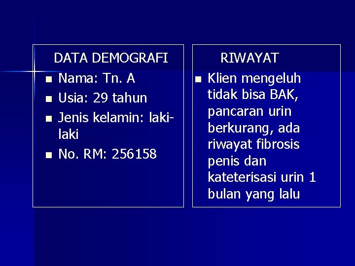 DATA DEMOGRAFI n Nama: Tn. A n Usia: 29 tahun n Jenis kelamin: laki