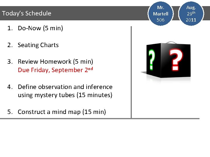 Today’s Schedule 1. Do-Now (5 min) 2. Seating Charts 3. Review Homework (5 min)