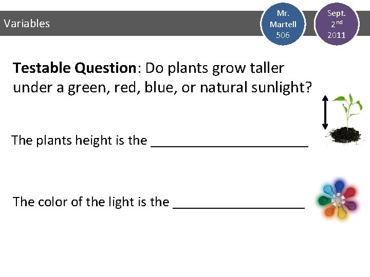 Variables Mr. Martell 506 Testable Question: Do plants grow taller under a green, red,