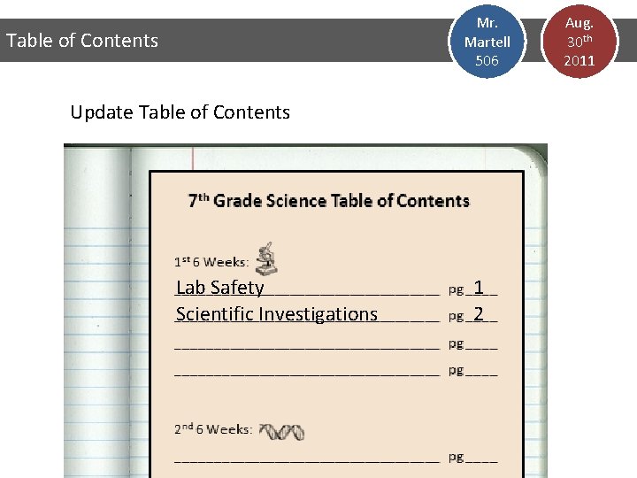 Mr. Martell 506 Table of Contents Update Table of Contents Lab Safety Scientific Investigations