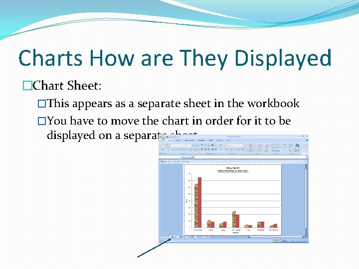 Charts How are They Displayed �Chart Sheet: �This appears as a separate sheet in