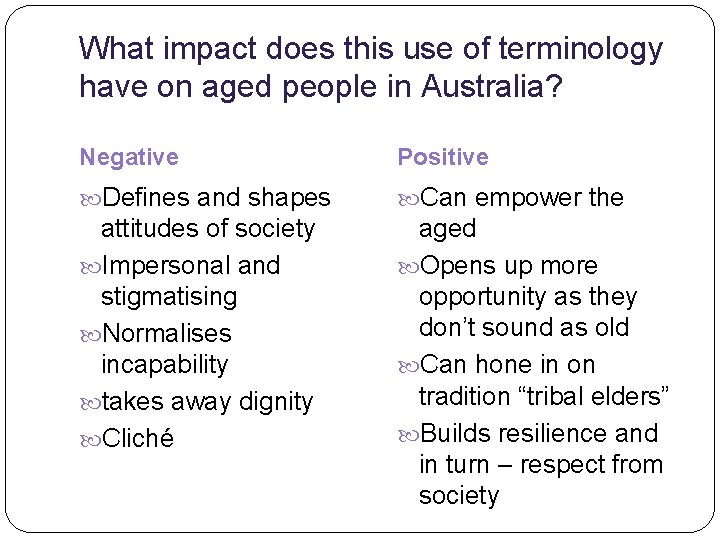 What impact does this use of terminology have on aged people in Australia? Negative