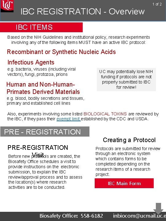 1 of 2 IBC REGISTRATION - Overview IBC ITEMS Based on the NIH Guidelines