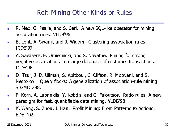 Ref: Mining Other Kinds of Rules n n n R. Meo, G. Psaila, and