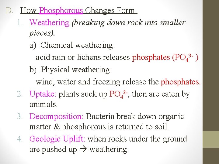 B. How Phosphorous Changes Form. 1. Weathering (breaking down rock into smaller pieces). a)
