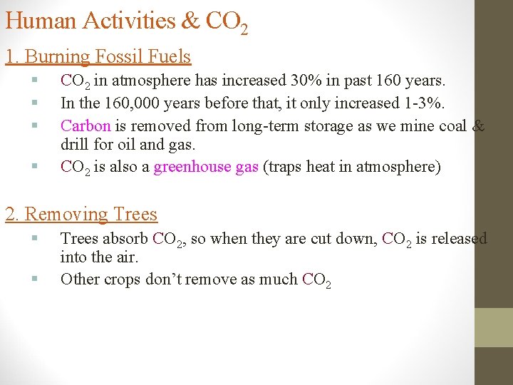 Human Activities & CO 2 1. Burning Fossil Fuels § § CO 2 in