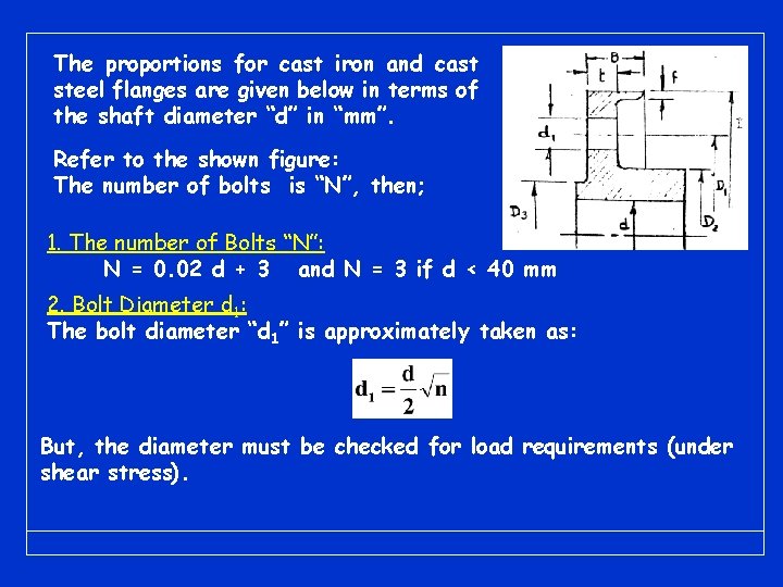 The proportions for cast iron and cast steel flanges are given below in terms The proportions for cast iron and cast steel flanges are given below in terms