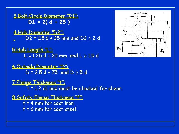 3. Bolt Circle Diameter “D 1”: D 1 = 2( d + 25 ) 3. Bolt Circle Diameter “D 1”: D 1 = 2( d + 25 )