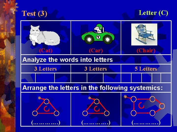 Letter (C) Test (3) (Cat) (Car) (Chair) Analyze the words into letters 3 Letters