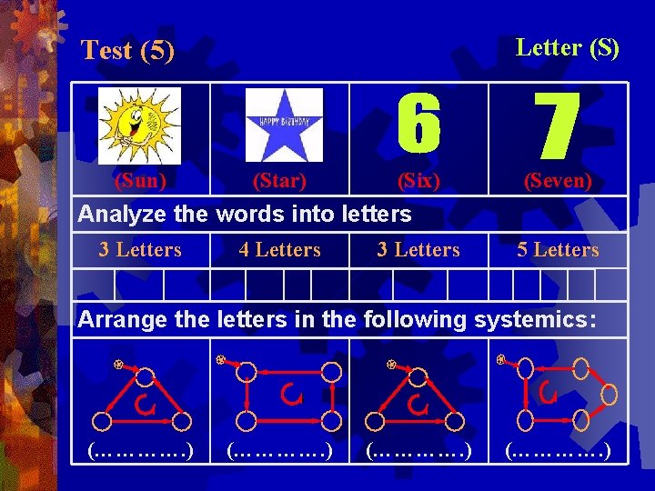 Letter (S) Test (5) (Sun) (Star) (Six) (Seven) Analyze the words into letters 3