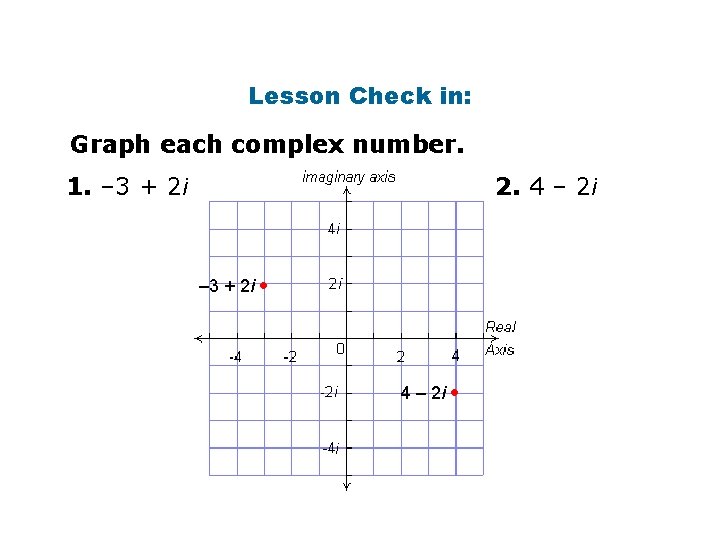 Lesson Check in: Graph each complex number. 1. – 3 + 2 i 2.