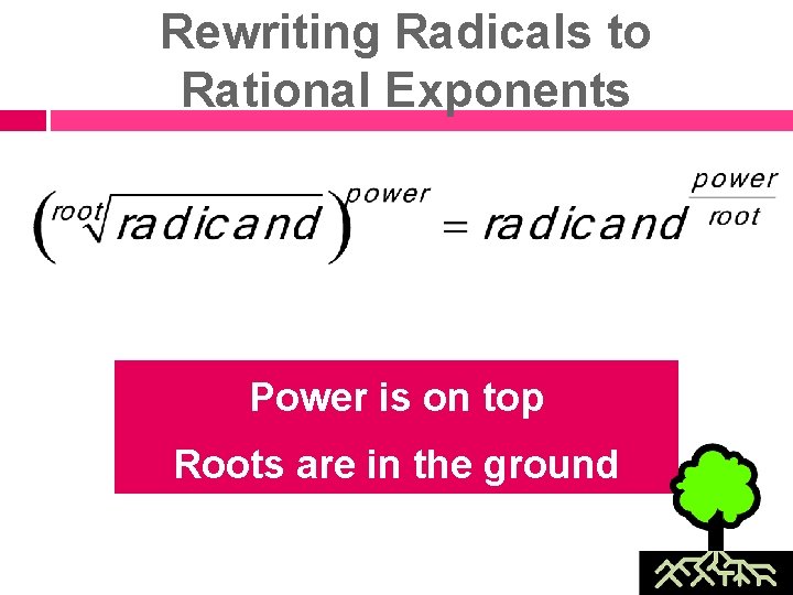 Rewriting Radicals to Rational Exponents Power is on top Roots are in the ground
