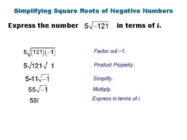 Simplifying Square Roots of Negative Numbers Express the number in terms of i. Factor