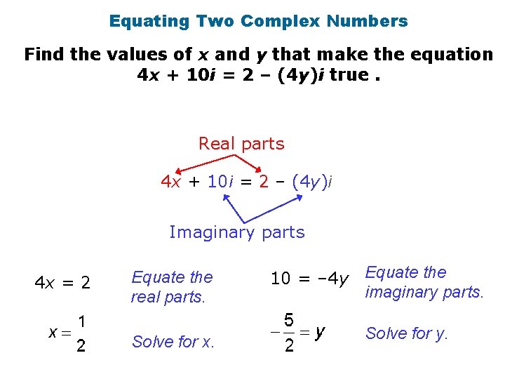 Equating Two Complex Numbers Find the values of x and y that make the