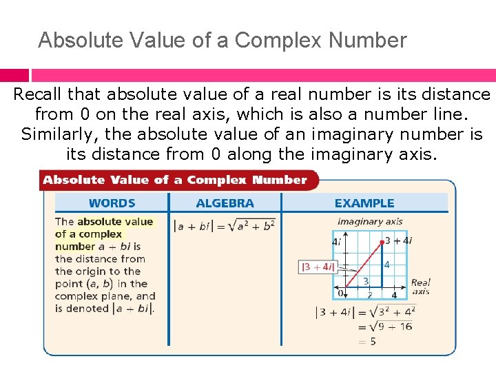 Absolute Value of a Complex Number Recall that absolute value of a real number