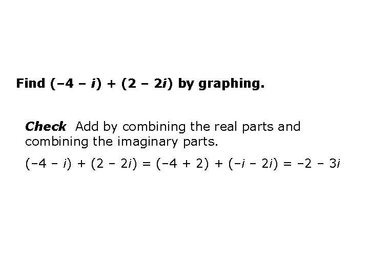 Find (– 4 – i) + (2 – 2 i) by graphing. Check Add