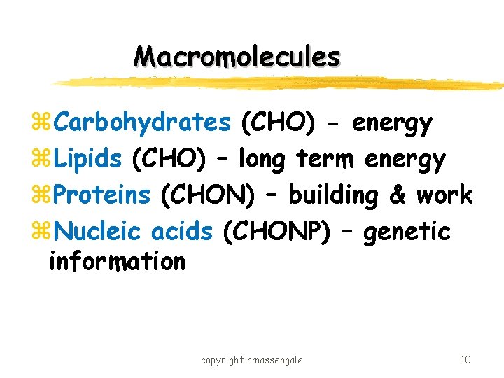 Macromolecules z. Carbohydrates (CHO) - energy z. Lipids (CHO) – long term energy z.