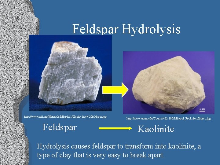 Feldspar Hydrolysis http: //www. mii. org/Minerals/Minpics 1/Plagioclase%20 feldspar. jpg Feldspar http: //www. uwm. edu/Course/422